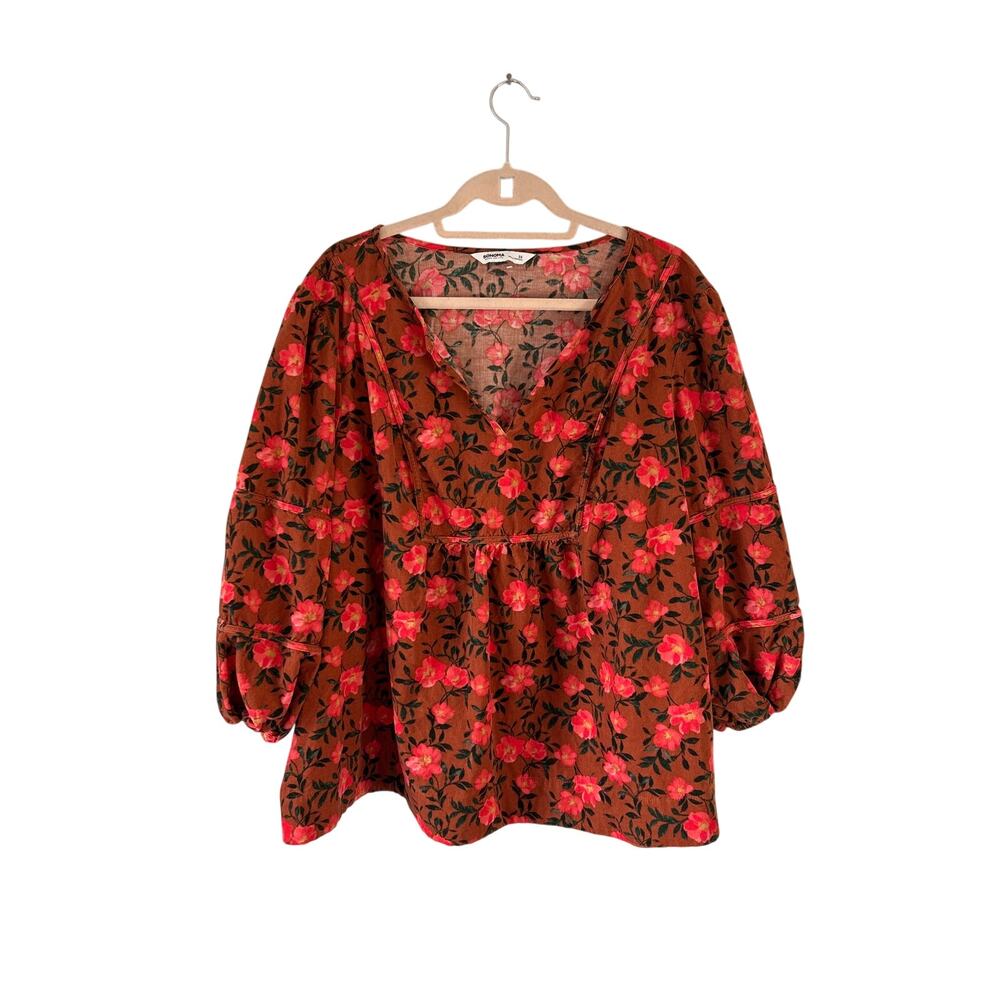 Sonoma Goods For Life Brown Corduroy Floral 3/4 Sleeve Top 3X